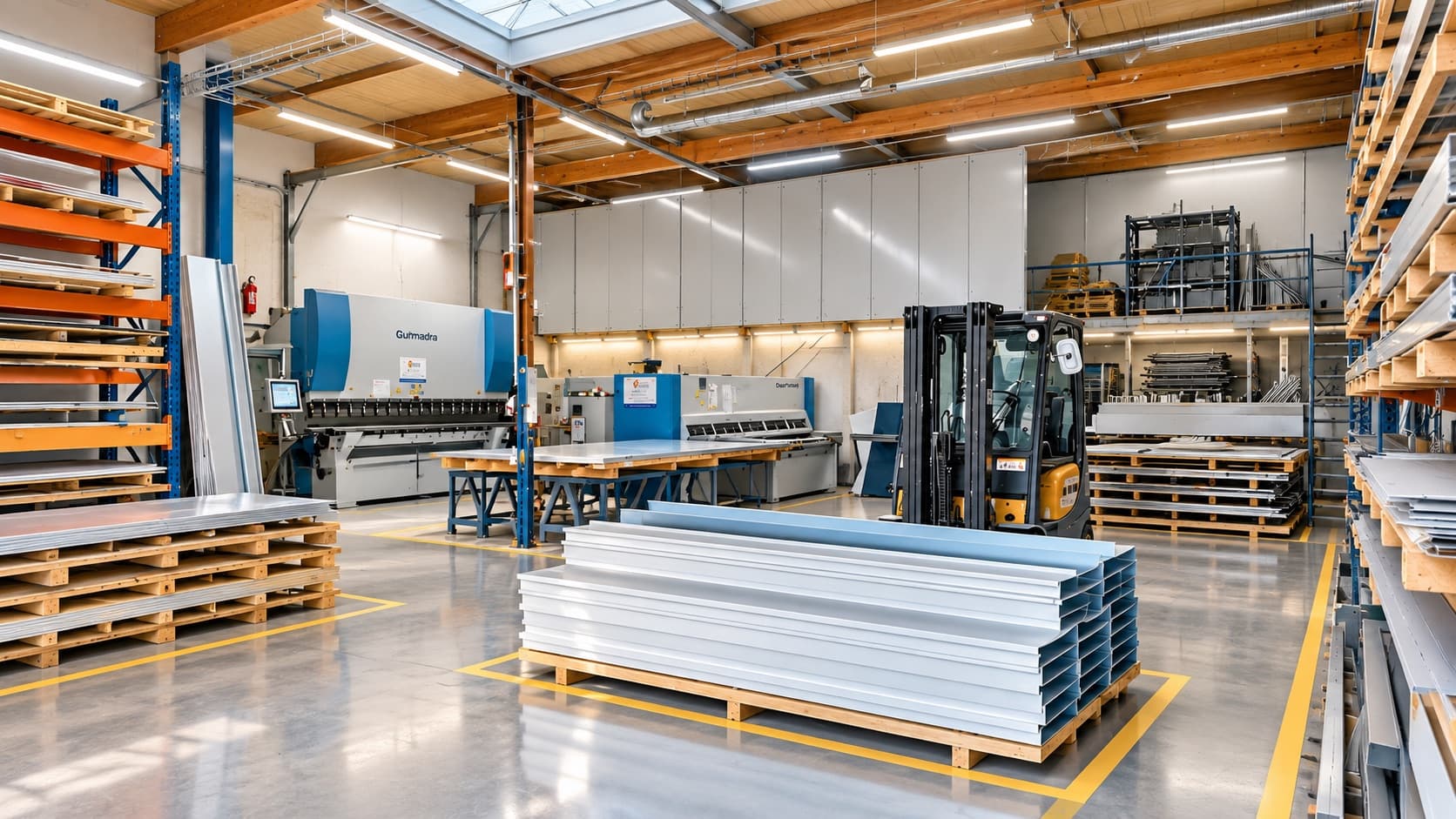 Vue d'ensemble de l'atelier de Pliage France : racks de tôles, presse plieuse et cisaille au fond, chariot élévateur, et pièces pliées en tôle laquée empilées sur palette au premier plan.